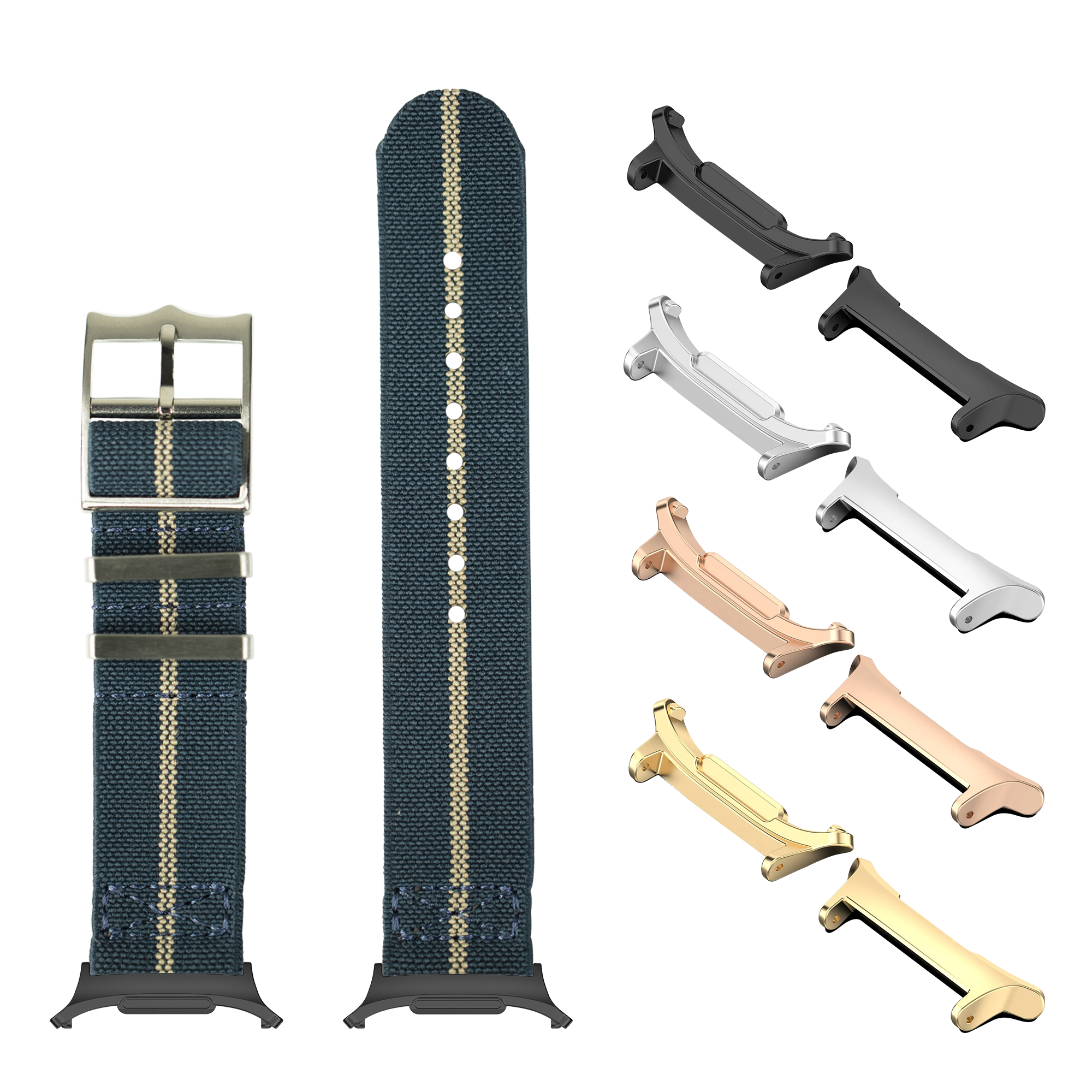 Navy blue and wheat fabric watch band with metal buckle and interchangeable hardware in black, silver, rose gold, and gold finishes