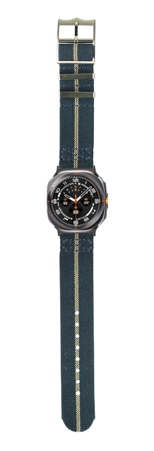 Navy blue elasticated fabric watch strap with wheat stripe detail and gunmetal case sports watch