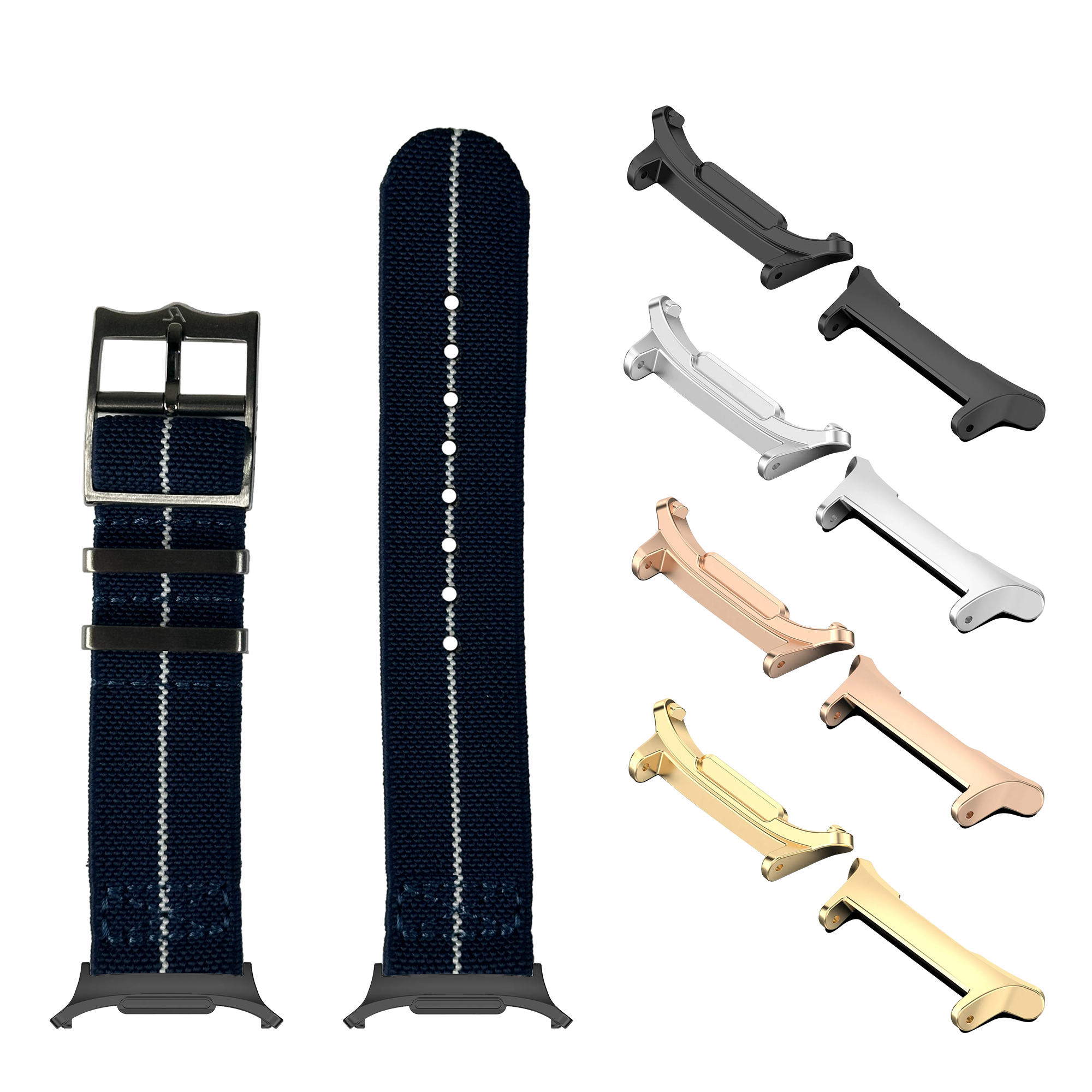 Navy blue elastic watch bands with metal buckles and interchangeable lugs in black, silver, rose gold and gold finishes for Galaxy Watch 8 Ultra