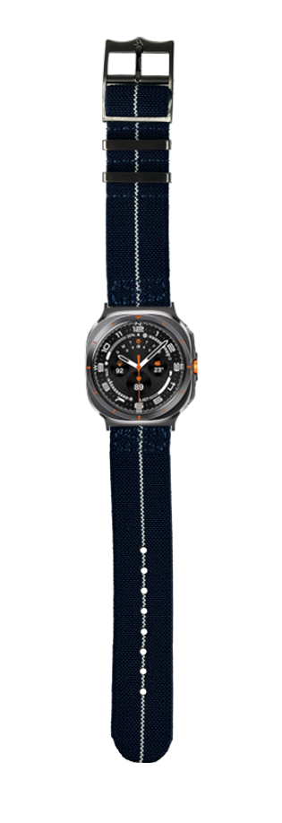 Mens sport watch with dark navy blue elasticated fabric strap, black dial, orange accents, and stainless steel case