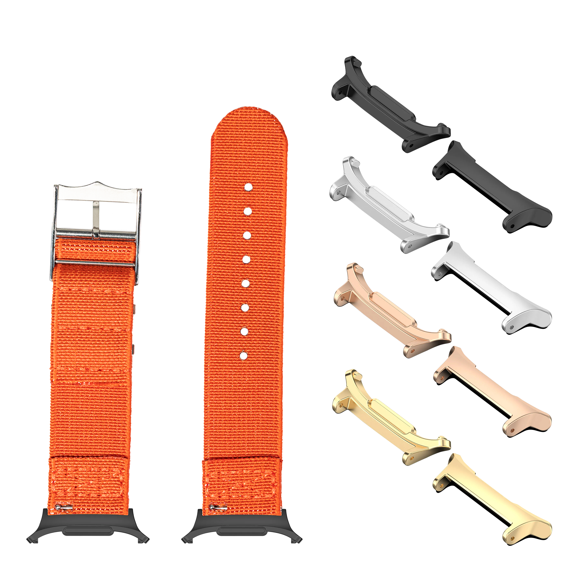 Orange textured watch bands and metal connectors in multiple finishes including black, silver, rose gold, and gold