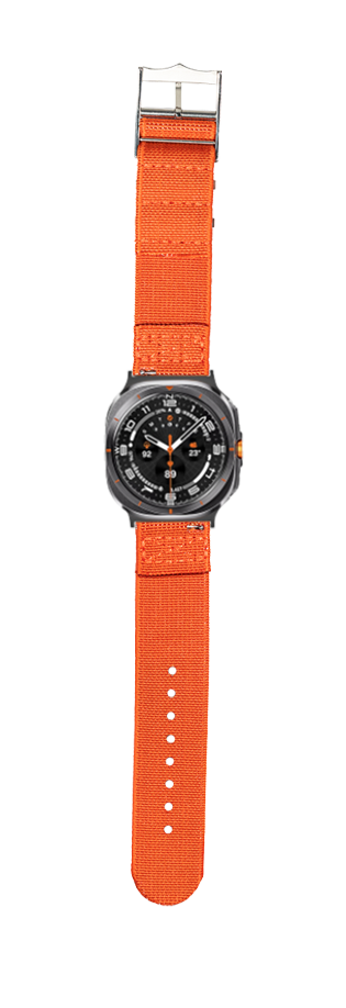 Sports watch with orange fabric strap and black dial with orange accents on white background