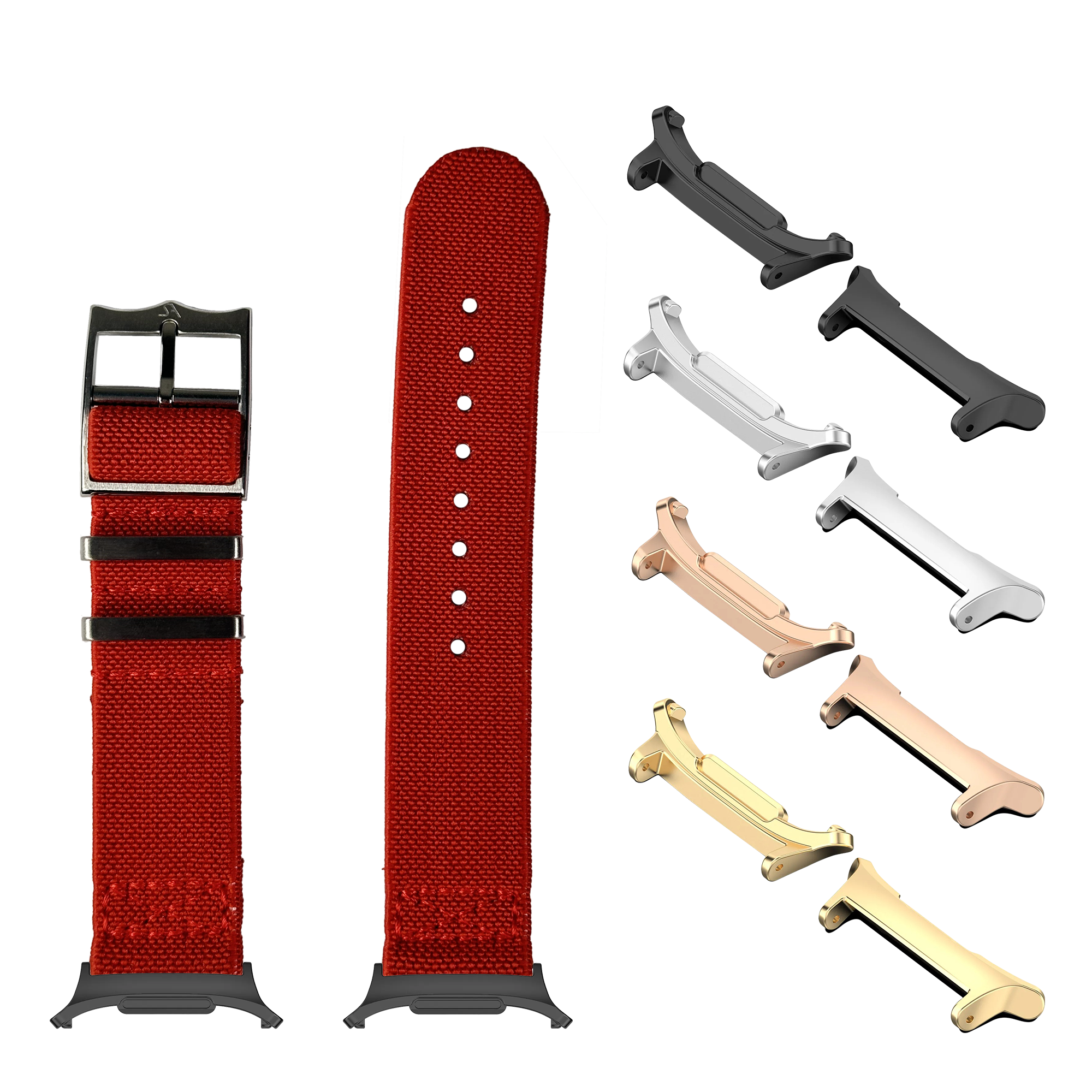 Red fabric watch band with multiple interchangeable metal buckles in various finishes including black, silver, rose gold and gold