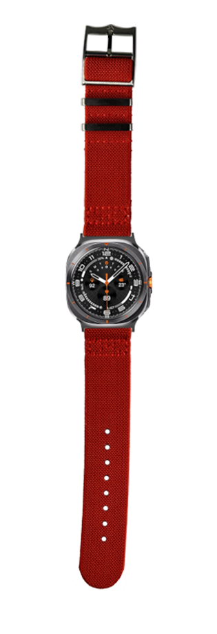 Men's smartwatch with red fabric band and black dial featuring date window and orange accents