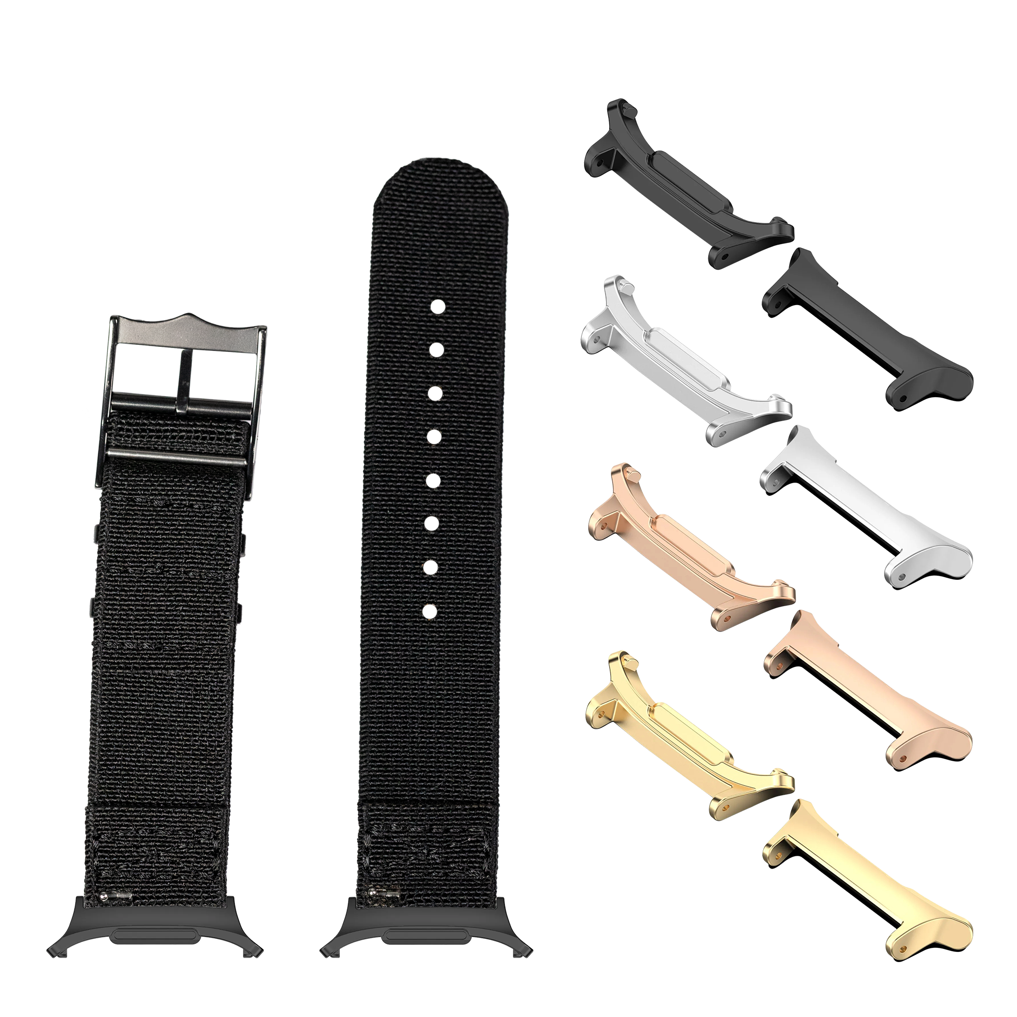 Interchangeable watch band system with black textile straps, multiple metal hardware finishes including black, silver, rose gold and gold connectors for Galaxy Watch compatibility