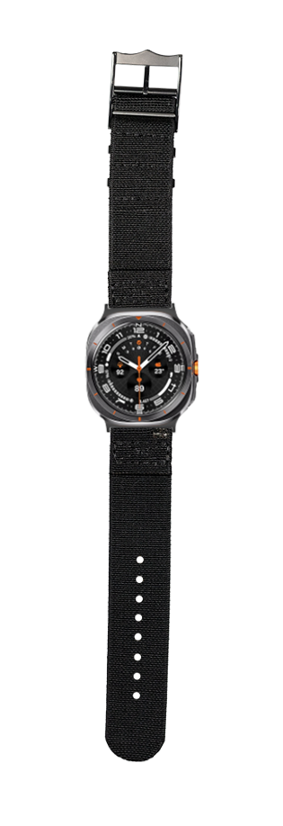 Black fabric watch band with orange accents and gunmetal hardware, featuring textured textile strap and adjustable fit for Galaxy Watch