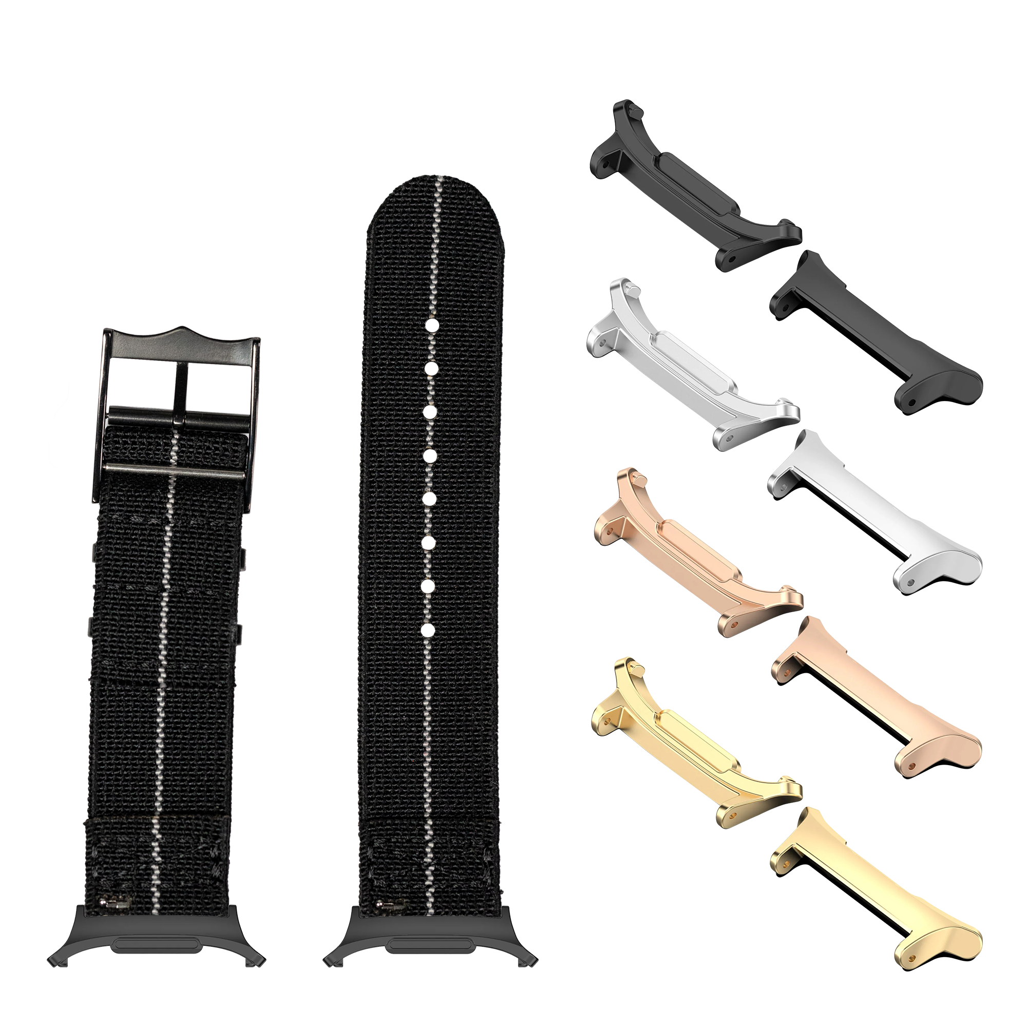 Stealth Black and White ElastoFlex watch band with interchangeable black hardware connectors in multiple finishes displayed with size options
