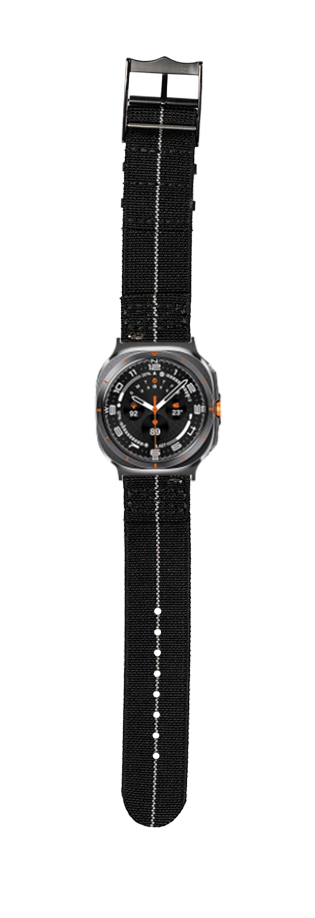 Black fabric watch band with stainless steel military-style watch face, orange accents, and adjustable elastic strap for Galaxy Watch 8