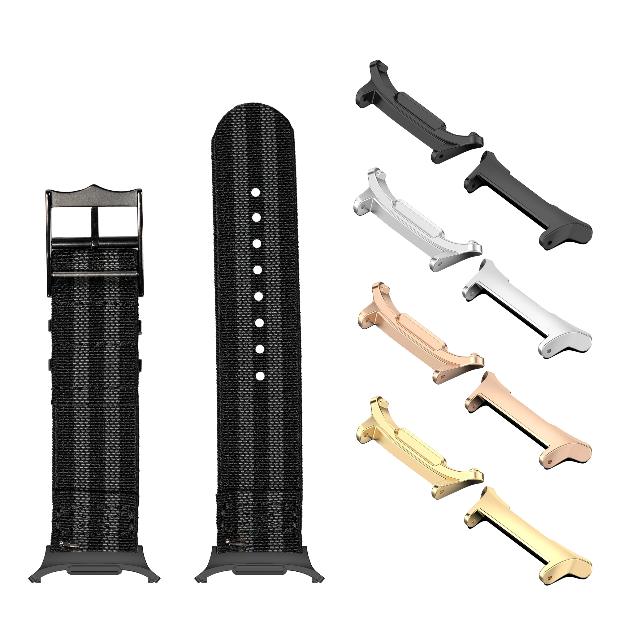 Interchangeable watch band hardware collection in black, silver, rose gold, and gold finishes with textile straps and quick-release connectors