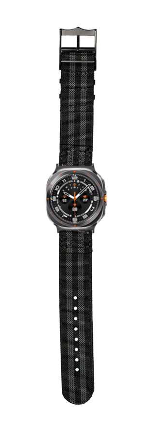 Black fabric smartwatch band with steel case, analog dial, orange accents, and adjustable strap with metal hardware