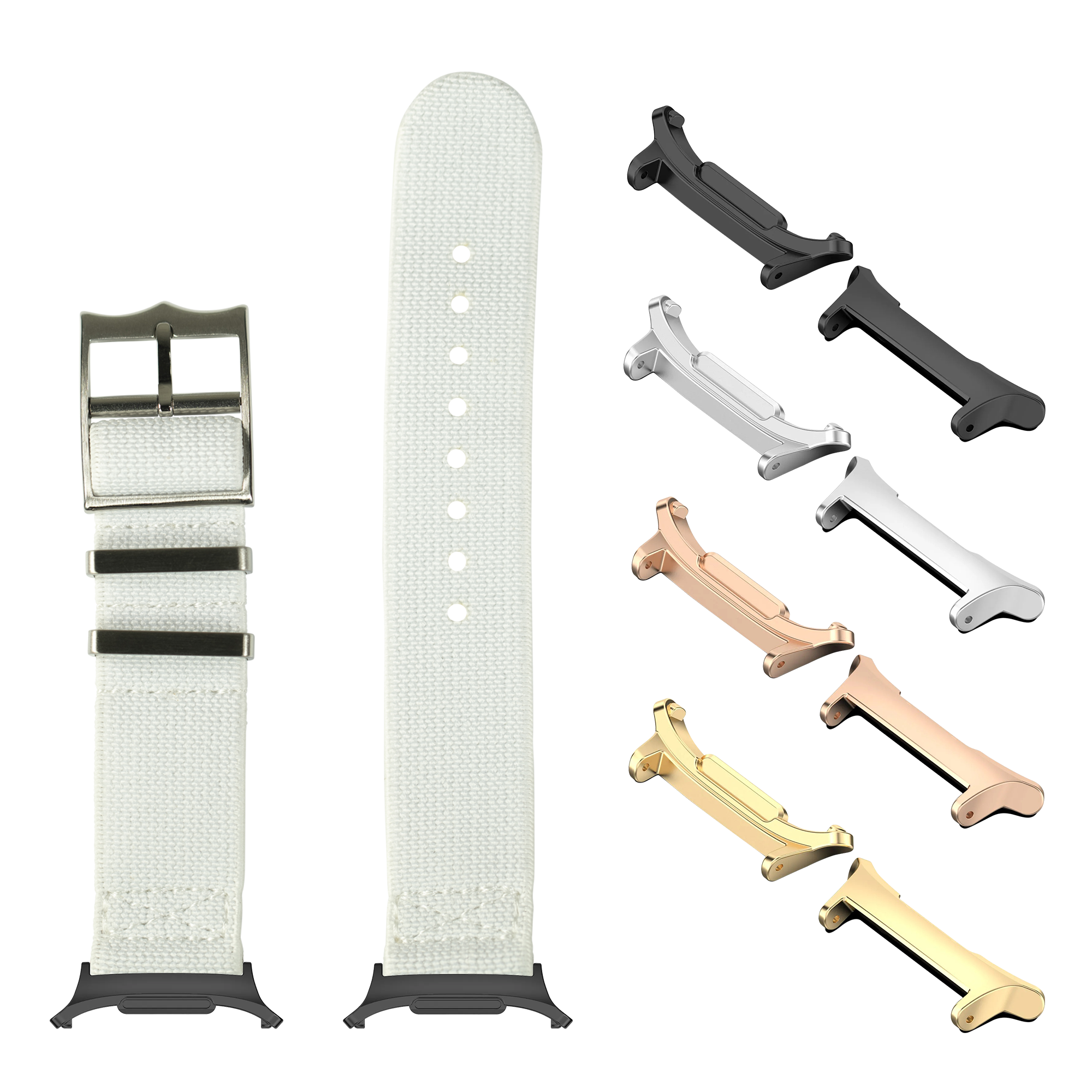 White fabric smartwatch band with interchangeable metal lugs in multiple finishes including black, silver, rose gold, and gold