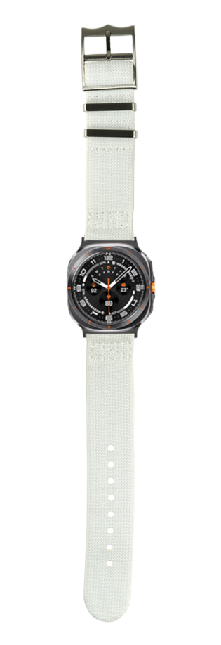 Black dial smartwatch with white elasticated fabric strap and orange accents, adjustable fit sports watch