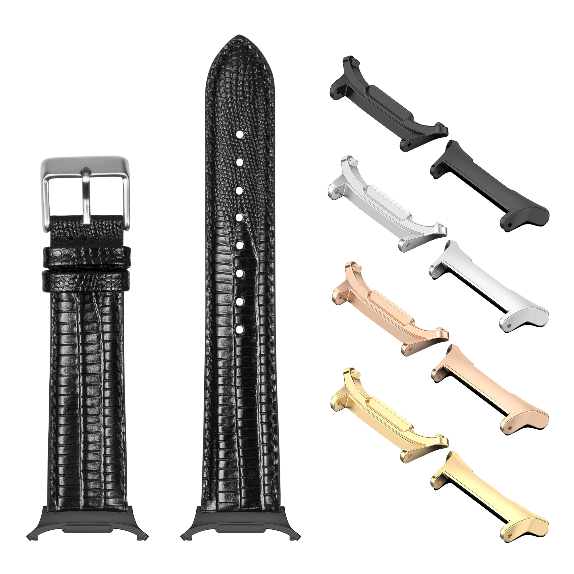Black faux lizard watchband with interchangeable metal lugs in multiple finishes for Galaxy Watch 8 and Ultra