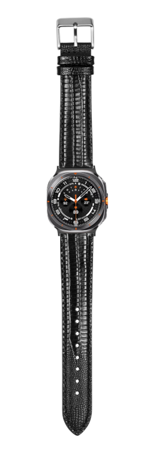 Black faux lizard leather watch strap with silver buckle and orange accents on analog dial face