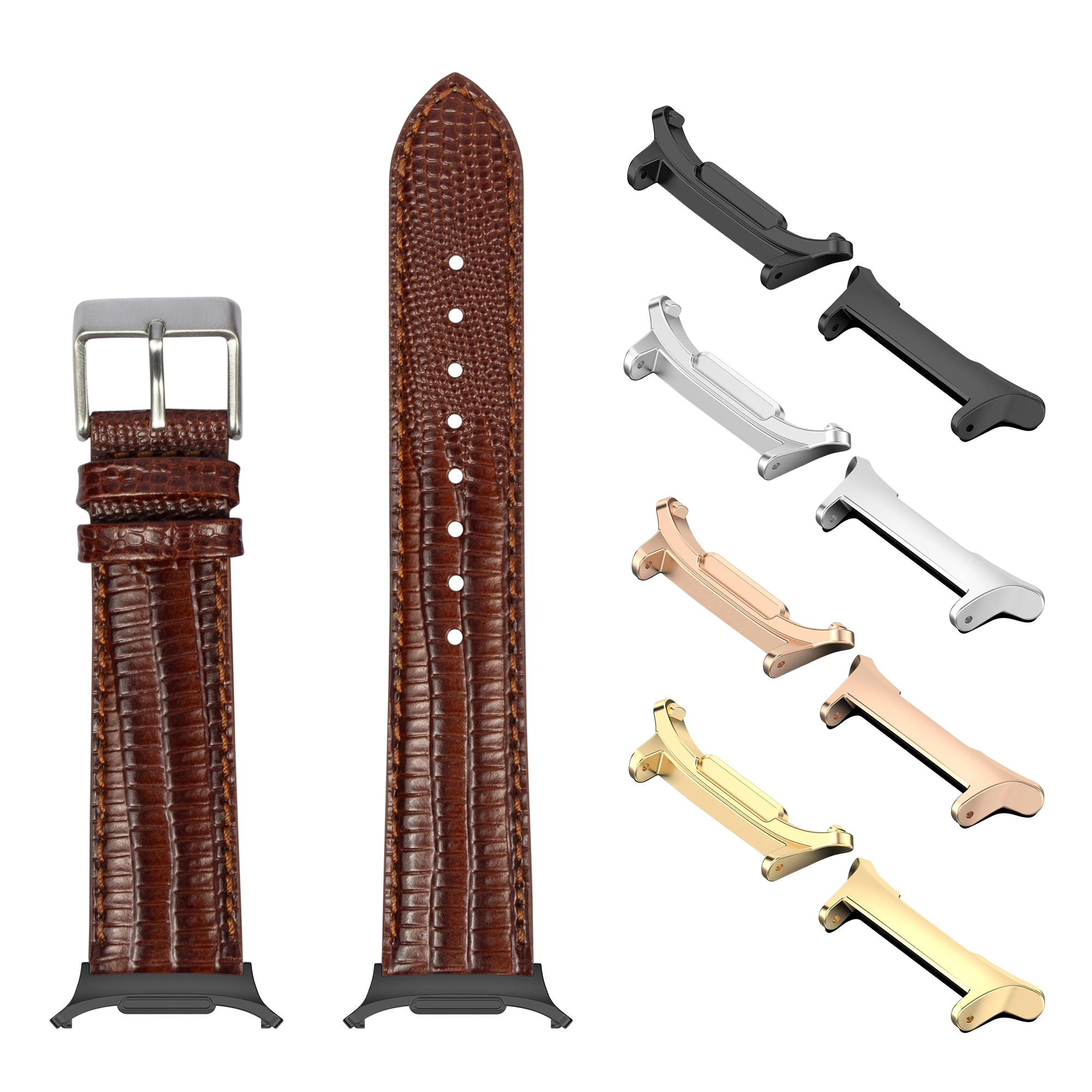 Brown faux lizard leather watch band with interchangeable metal buckles in silver, gold, rose gold and black finishes