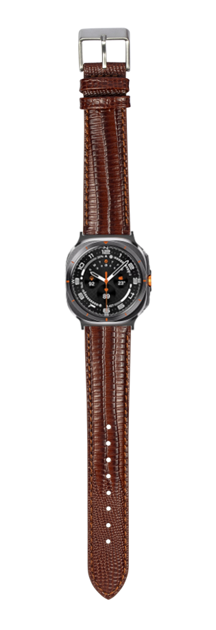 Men's watch with black dial, orange accents, gunmetal case, and brown faux lizard leather strap with stitching detail