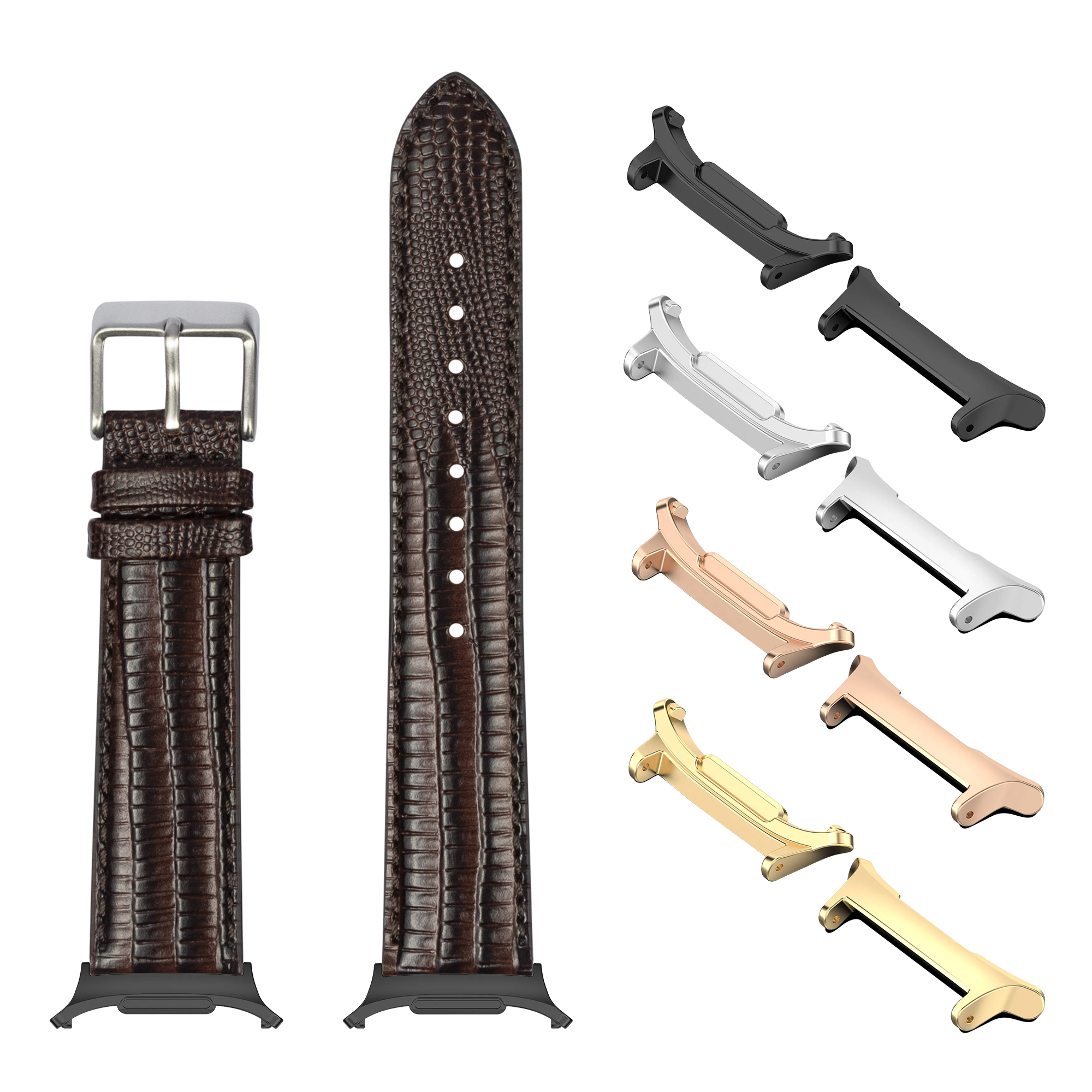 Dark brown faux lizard watch band with interchangeable metal lugs in silver, gold, rose gold and black finishes for Galaxy Watch 8 and Ultra