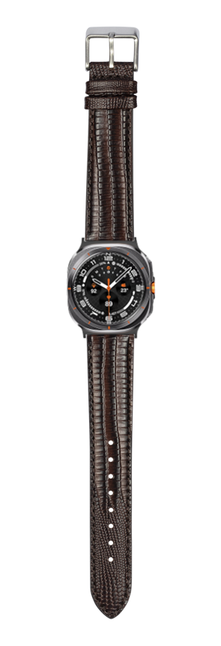 Dark brown faux lizard leather watch band with silver buckle and black sports watch face featuring orange accents