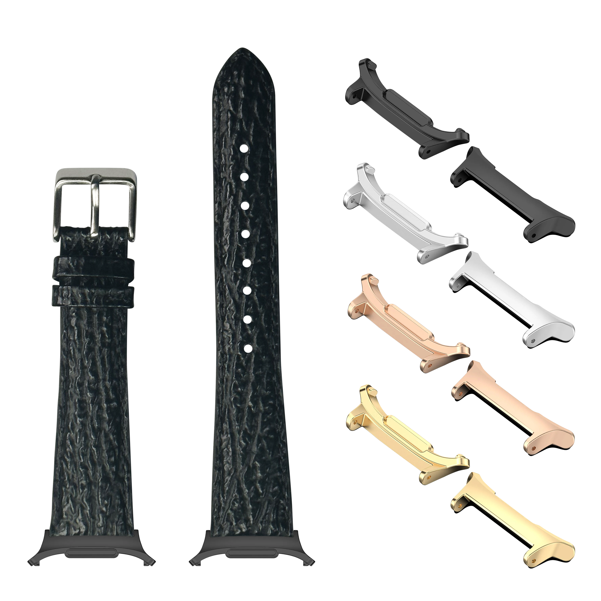 Black faux sharkskin watch band with interchangeable metal lugs in multiple finishes for Galaxy Watch 8 and Ultra
