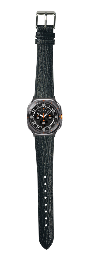Black faux sharkskin watch band with gunmetal case and orange accent markers on black dial face
