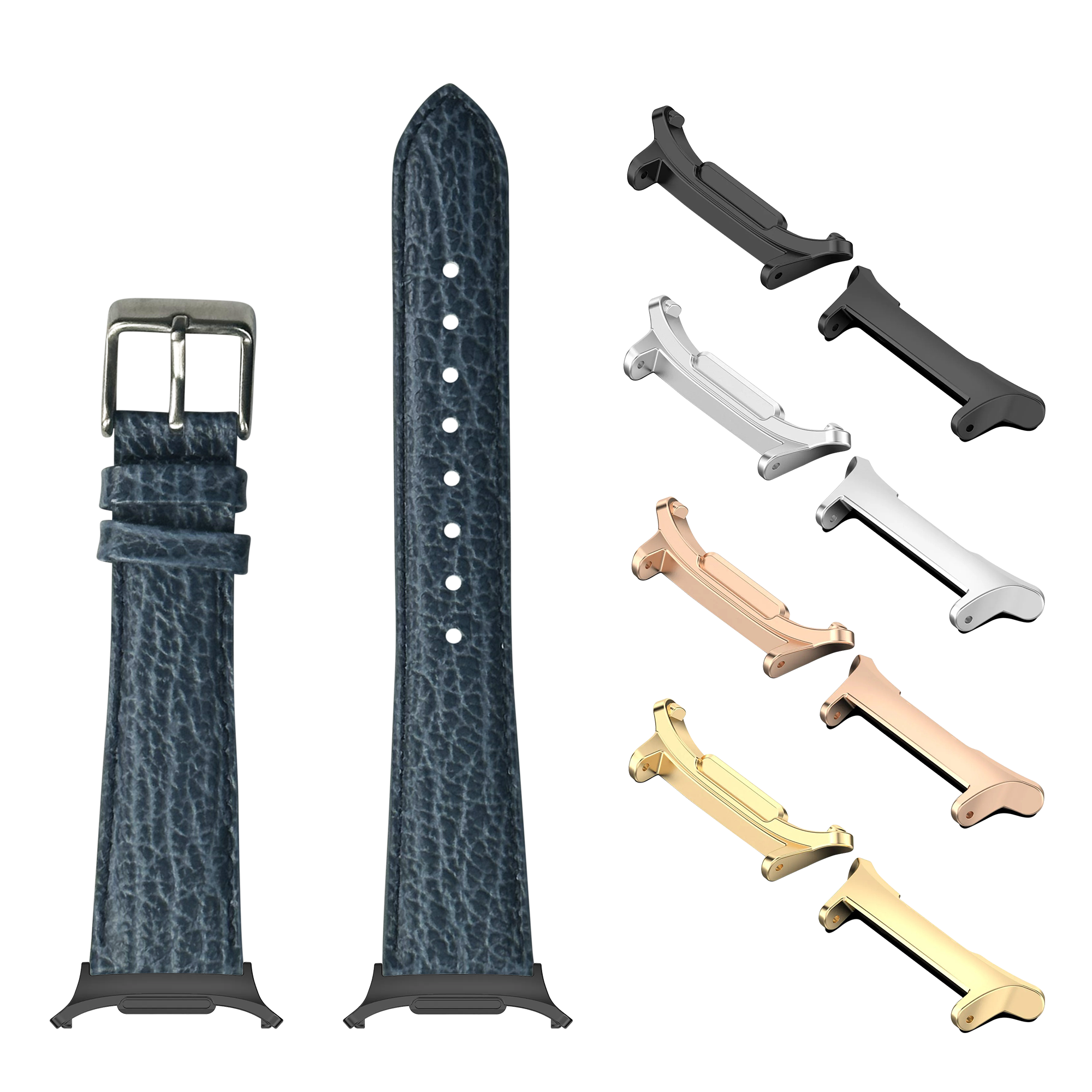 Blue faux sharkskin watch band with interchangeable metal lugs in multiple finishes including black, silver, rose gold and gold