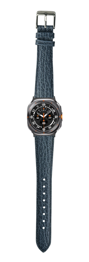 Men's smartwatch with faux sharkskin blue leather band, black dial with orange accents and metal buckle closure