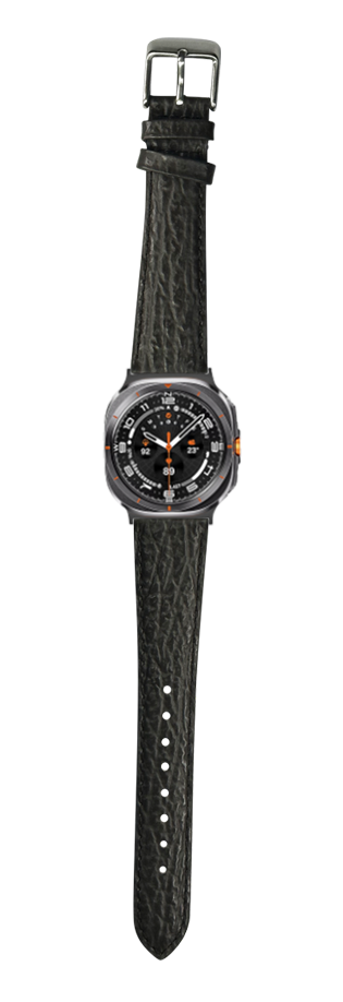 Grey faux sharkskin watch band with metal buckle and black dial sport watch featuring orange accents