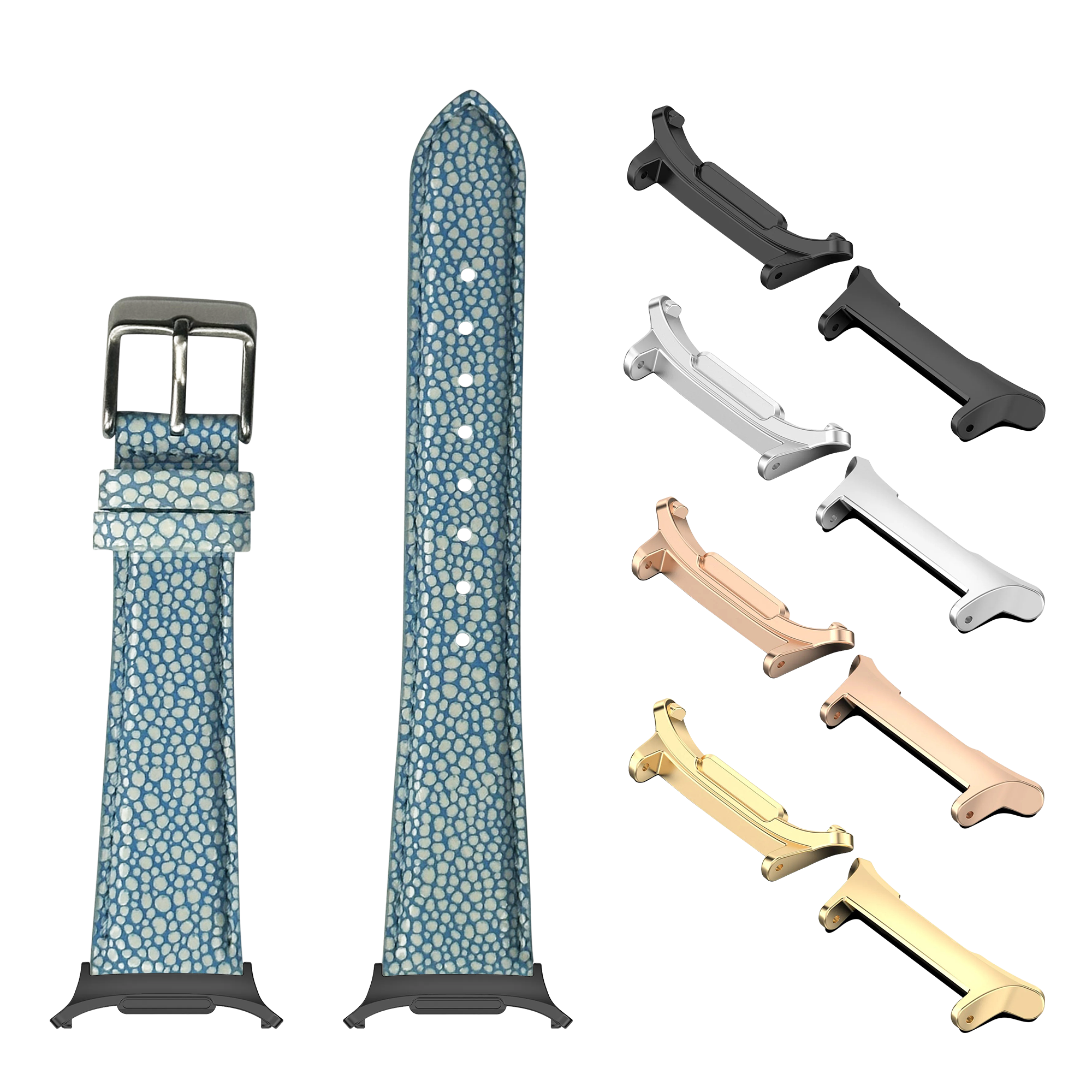 Blue faux stingray watch band with interchangeable metal lugs in gold, rose gold, silver and black finishes for Galaxy Watch 8 Ultra