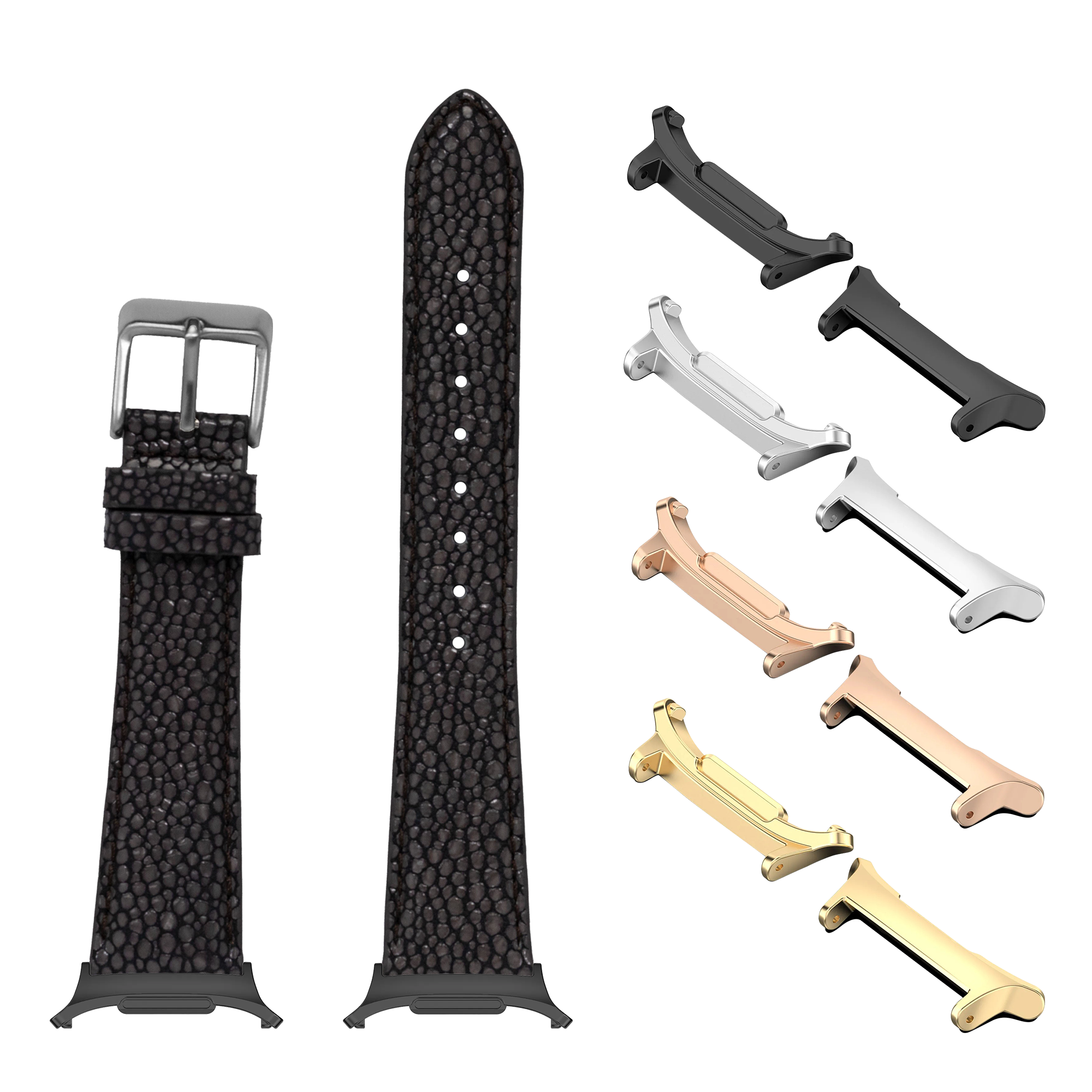 Black faux stingray watch band with interchangeable metal lugs in multiple finishes for Galaxy Watch 8 and Ultra