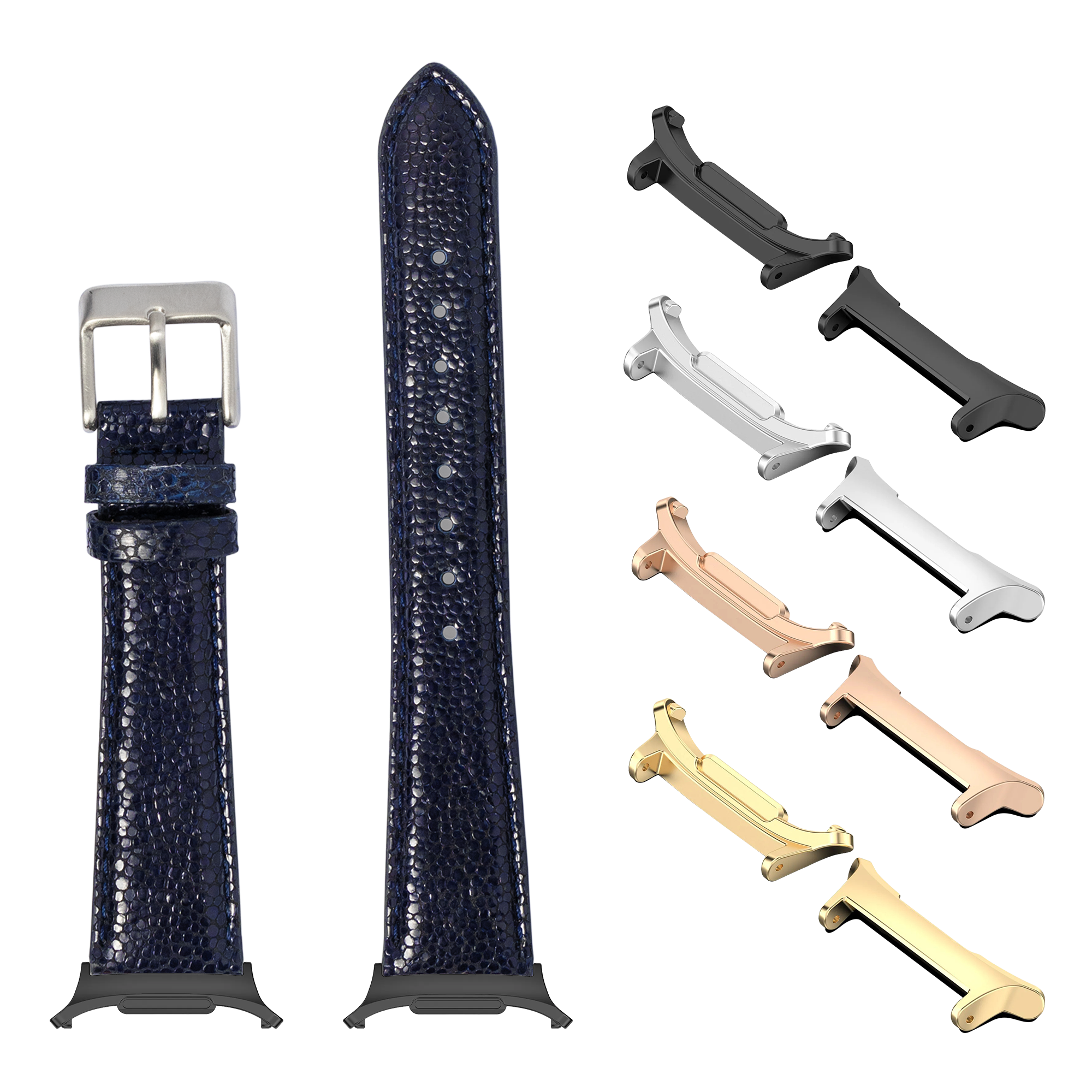 Navy blue faux stingray smartwatch band with interchangeable metal lugs in silver, rose gold, black, and gold finishes