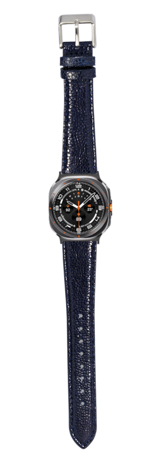 Navy blue faux stingray watch strap with silver buckle and black dial sports watch featuring orange accents