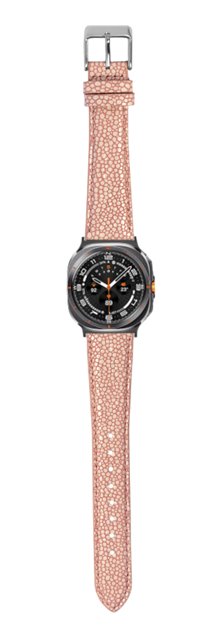 Faux stingray pink leather watch band with gunmetal buckle and black dial smartwatch, full length display