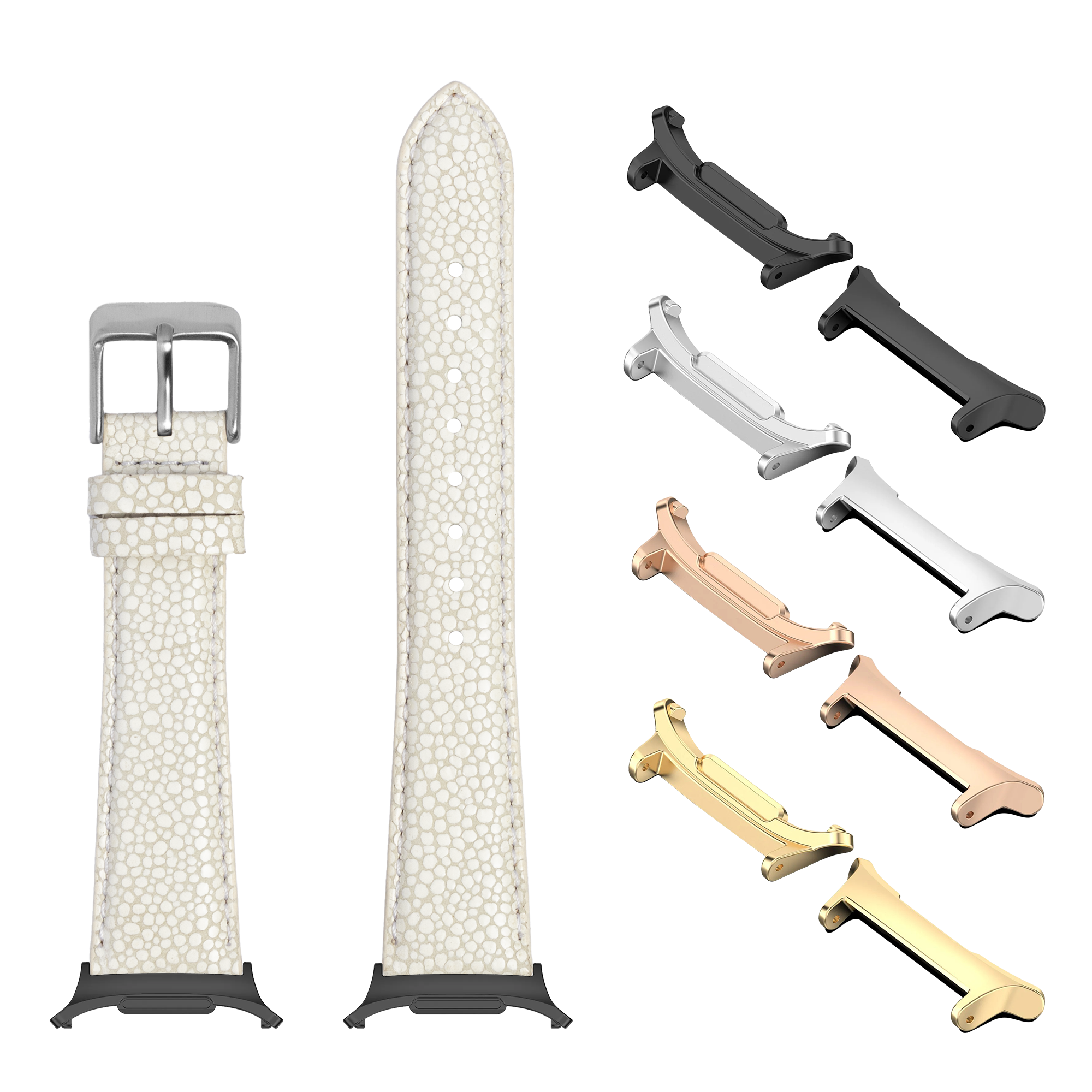 White faux stingray watch band with interchangeable metal lugs in gold, rose gold, silver, and black finishes for Galaxy Watch 8 Ultra