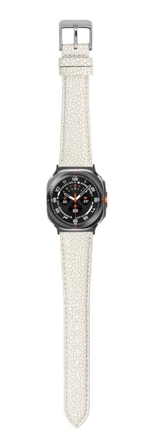 Black sport watch with faux stingray white leather strap and silver buckle, dial with orange accents