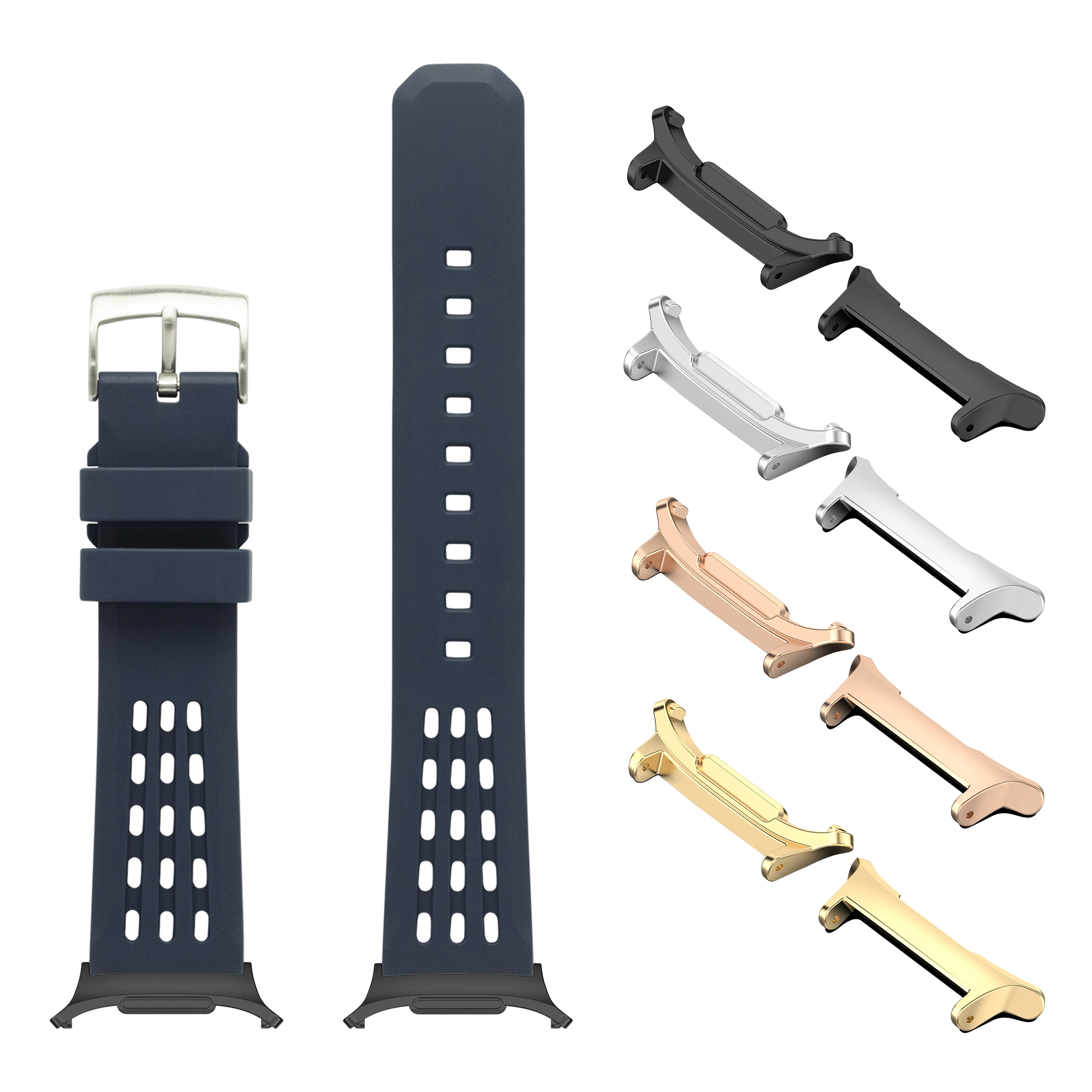 Navy FKM rubber watch band with perforated design, metal buckle, and interchangeable lugs in black, silver, rose gold, and champagne finishes