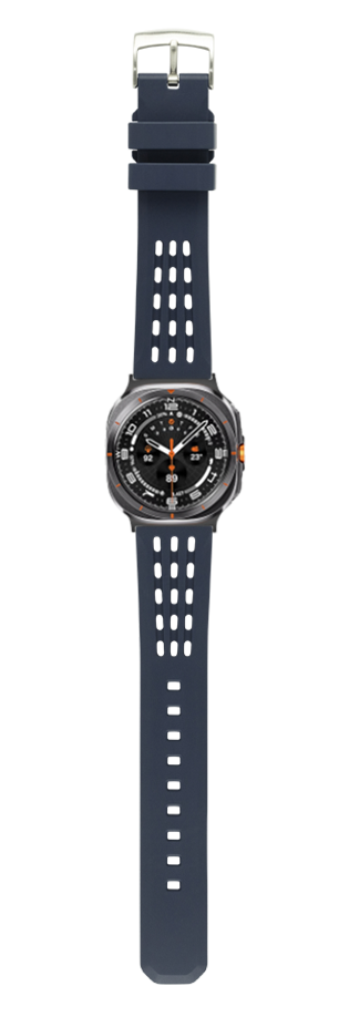 Black FKM rubber sport watch band with perforated design and silver buckle for Galaxy Watch Ultra