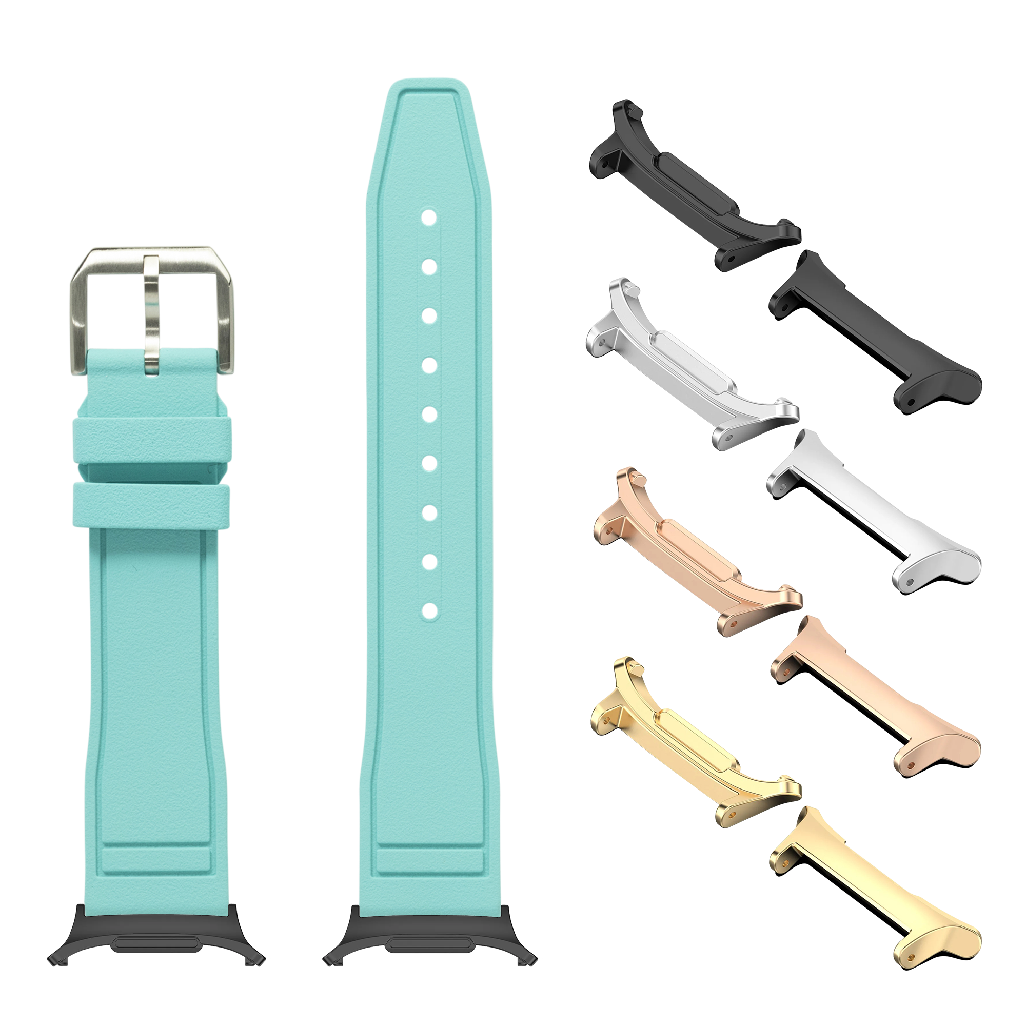 Turquoise FKM rubber smartwatch band with stainless steel buckle and interchangeable metal lugs in multiple finishes for Galaxy Watch