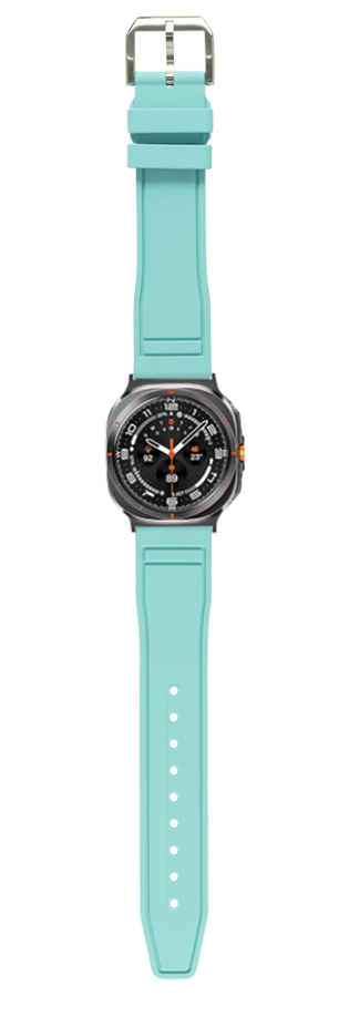 Turquoise FKM rubber watch band with black sports watch face and orange accents, metal buckle closure
