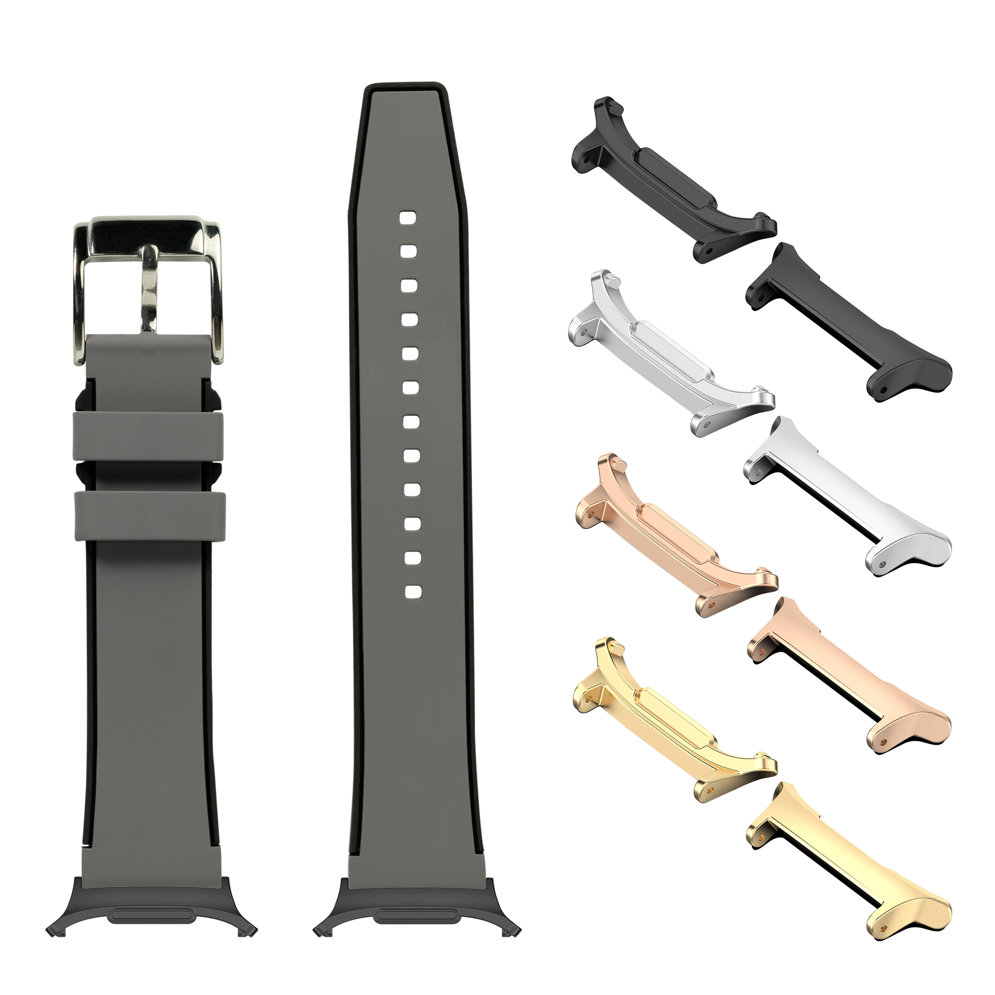 FKM rubber watch bands for Galaxy Watch 8 and Ultra in multiple colors including black, white, rose gold, and gold with interchangeable lugs