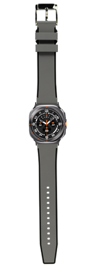 Gray FKM rubber sport watch band with black buckle and orange accents, displayed extended on white background