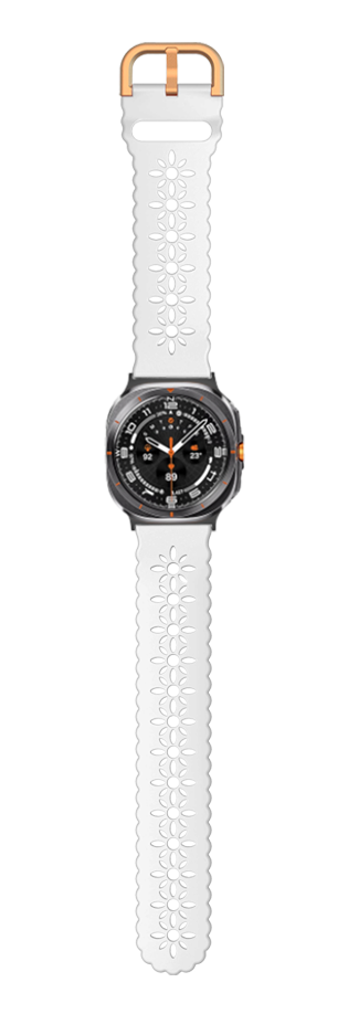 White floral silicone watch band with rose gold hardware for Galaxy Watch 8 and Ultra models