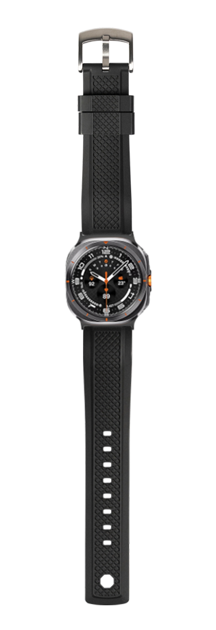 Black rubber watch strap with GridLock pattern and gunmetal buckle for Galaxy Watch 8 Ultra smartwatch