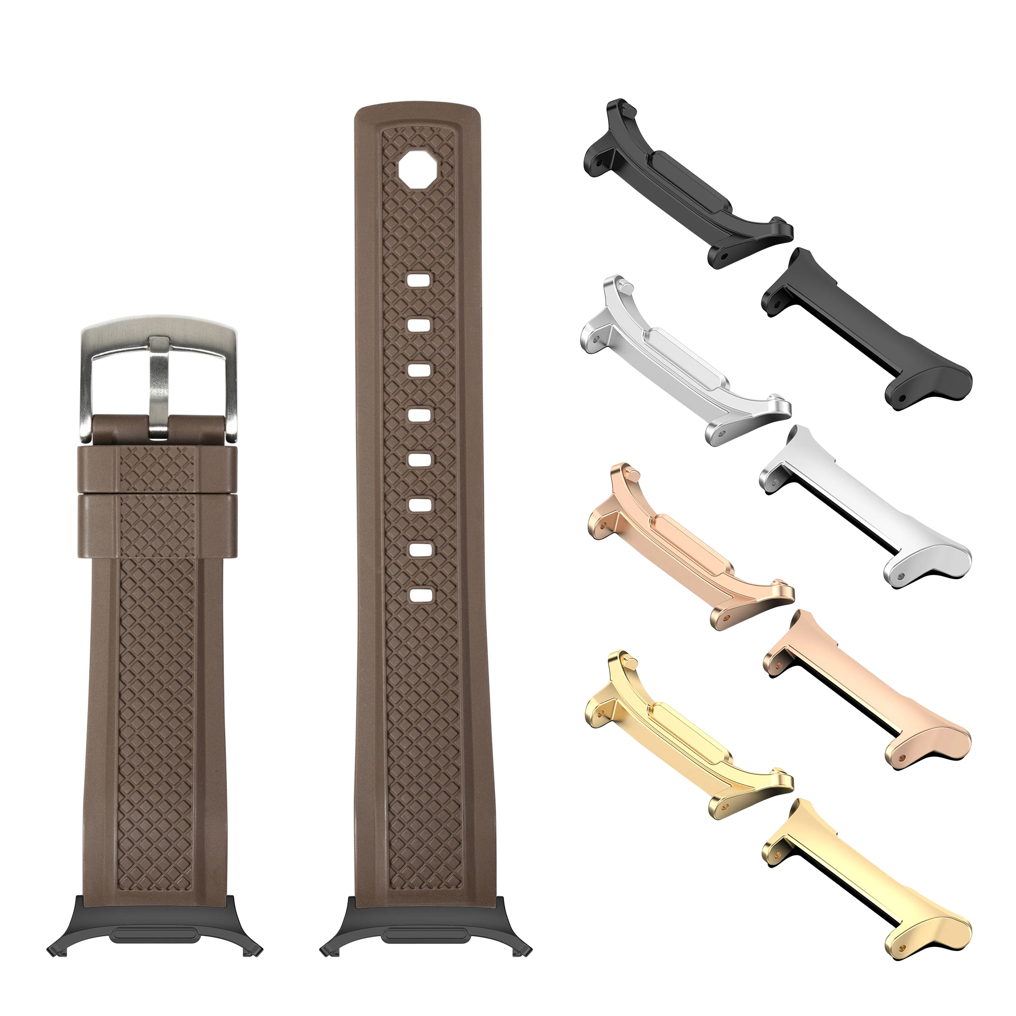 GridLock FKM rubber watch band coffee brown with interchangeable metal clasp hardware in multiple finishes