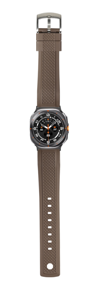 Galaxy Watch 8 Ultra with coffee brown GridLock FKM rubber strap and black dial with orange accents