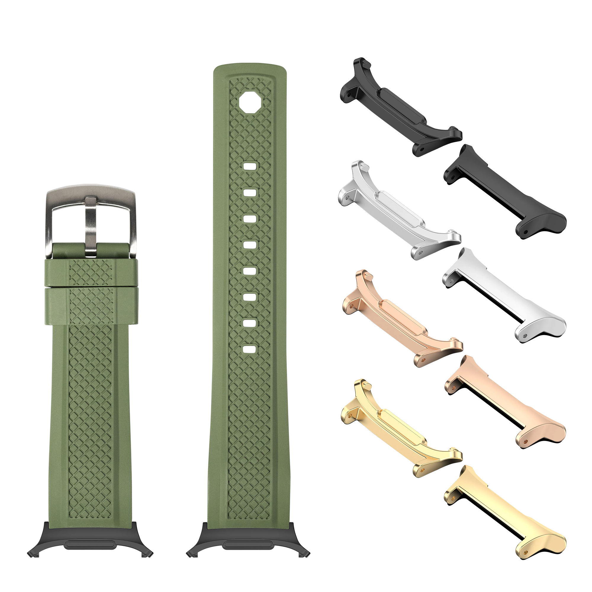 GridLock FKM rubber watch bands and deployment clasps in forest green, black, silver, rose gold, and gold finishes for Galaxy Watch 8 Ultra