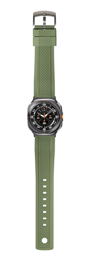 Galaxy Watch 8 Ultra with forest green GridLock FKM rubber strap and black dial face