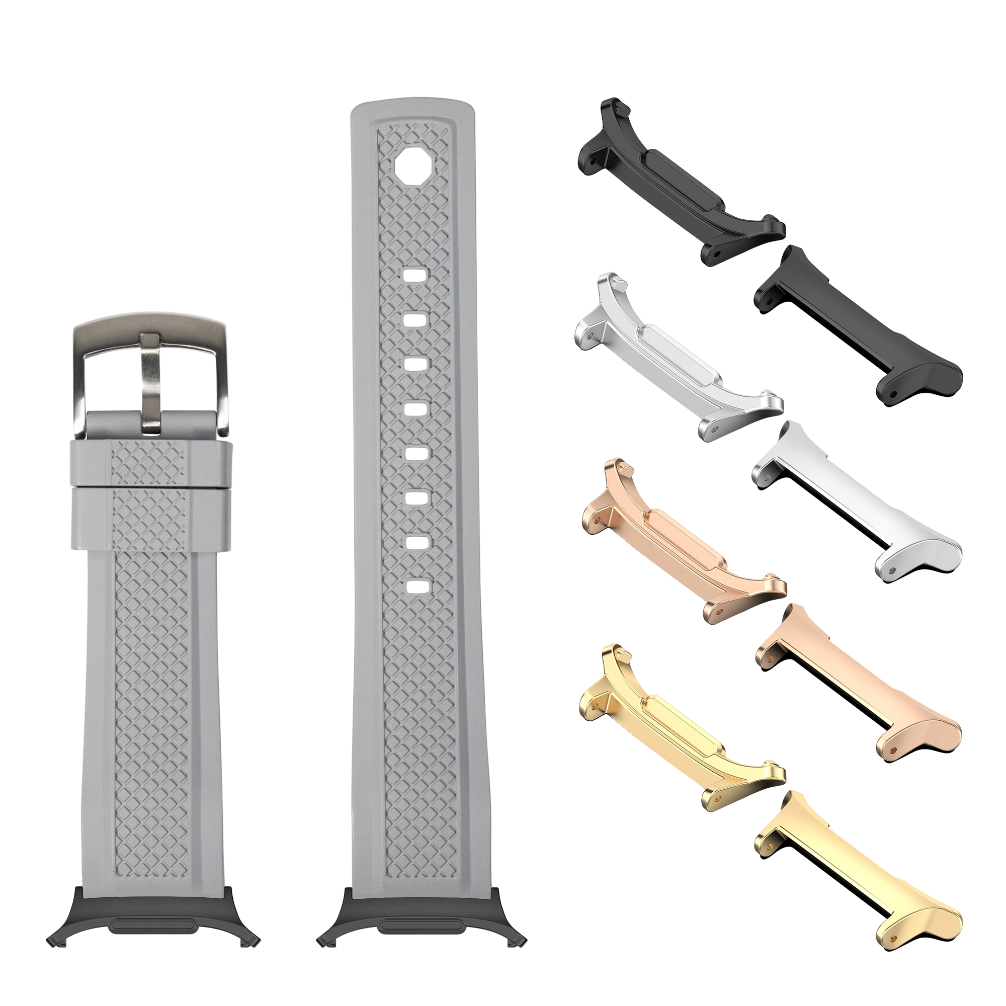 Grey GridLock FKM rubber watch strap with multiple metal lugs in black, silver, rose gold, and gold finishes for Galaxy Watch 8 Ultra