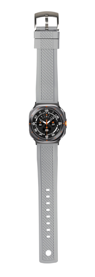 Grey FKM rubber smartwatch band with textured grid pattern and adjustable strap for Galaxy Watch Ultra