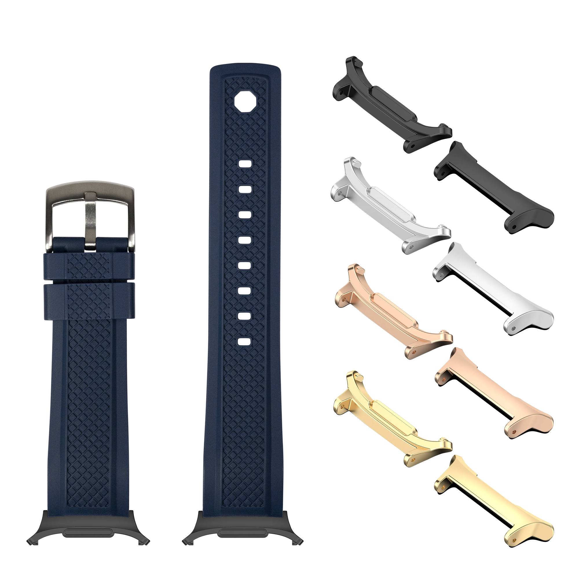Navy blue GridLock FKM rubber watch band with metal buckle, shown with multiple metal lugs in black, silver, rose gold, and gold finishes