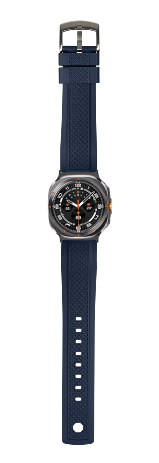 Navy blue GridLock FKM rubber watch band with gunmetal buckle on black sport watch dial